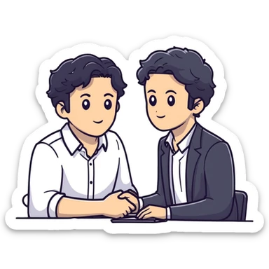 Management consultant with black wavy hair, stubble, strong features, white skin, smart casual attire, in a collaborative discussion with diverse business clients around a table with documents and laptop sticker
