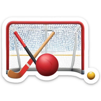 A red ball and hockey stick resting on an ice rink, with the goalposts and clear markings in the background. The scene captures the unique nature of field hockey with a ball on ice, emphasizing the speed and precision of the sport in a cold, competitive atmosphere. sticker