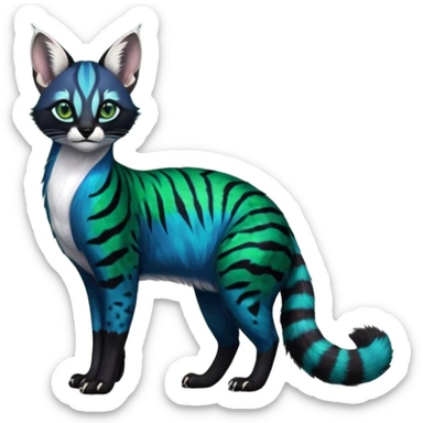 Colorful dark tropical cobalt-blue, black, white fur, with green eyes, iridescent glorious divine exotic cute cool beautiful shiny beautiful fantasy-caracal-civet-genet-sergal-vernid-Cacomistle-Furret-civet-oncilla-animal-Fakémon-hybrid-fursona with pattern markings (full body) sticker