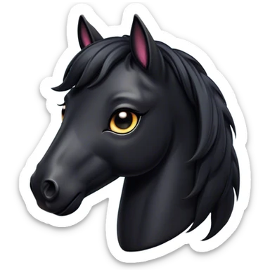 Cinematic Cute Black Horse Portrait Emoji, Head tilted playfully and inquisitively, showcasing a glossy black fur with a striking sheen and expressive dark eyes filled with curiosity, Simplified yet irresistibly adorable features, highly detailed, glowing with a warm, friendly glow, high shine, affectionate and spirited, stylized with a touch of whimsy, bright and endearing, soft glowing outline, capturing the essence of a mischievous yet loving horse, so playful it feels like it could trot out of the screen and into your arms! sticker