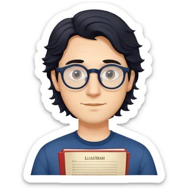 Young caucasian man with slightly longer wavy black hair, round glasses, dark blue shirt, holding a theater program sticker