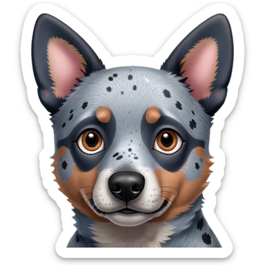 A cute, slightly 3D emoji-style digital illustration of a Blue Heeler (Australian Cattle Dog) from the neck up, with a focus on its face and upper neck. The dog has a black and gray speckled coat with short, dense fur. It has large, pointed ears that stand upright, with the inner part of the ears being a soft pinkish hue. The face is expressive, with warm brown eyes—one eye slightly lazy—giving it a friendly and curious look. The dog’s snout is medium-sized, with a black nose and subtle whisker markings. The expression is neutral but slightly inquisitive. The fur texture should be smooth and well-blended to maintain a polished emoji-style appearance. The illustration should have smooth shading, a rounded, polished look, and a slightly three-dimensional feel. No black spots on the fur. No background. sticker