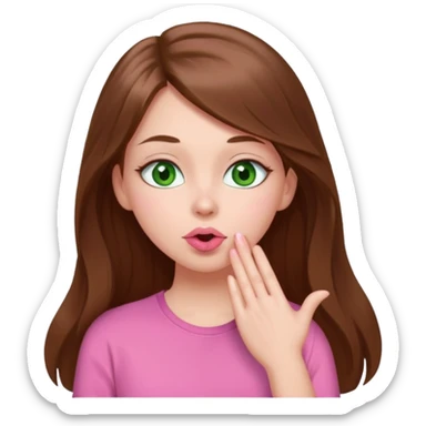 White girl wearing a cute pink shirt with long brown hair and green eyes sending a kiss sticker