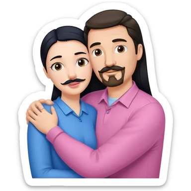 Tall white man with brown mustache goatee wearing blue AND a short pale woman with long black hair wearing pink, hugging sticker