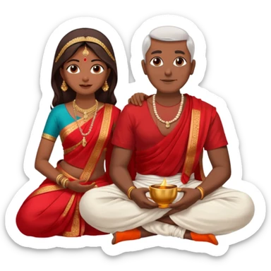 an indian bride sitting on her fathers lap. father is wearing a dhoti, shirtless and sitting on a chai sticker