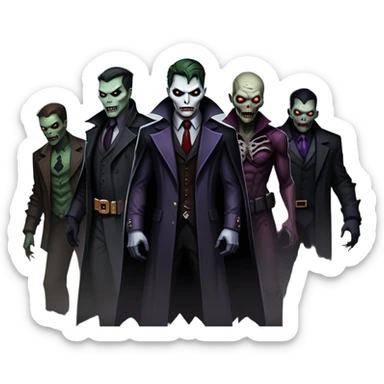 Icon for Thriller Movies: A large, dramatic collage featuring sinister villains and zombies in dark clothing. The background shows the gloomy cityscape of Gotham with dim lighting and eerie shadows. The atmosphere should be tense, mysterious, and suspenseful. Transparent background. sticker