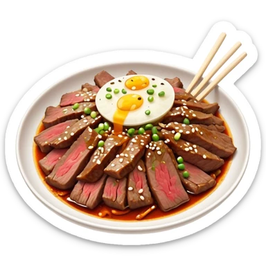Bulgogi Cinematic Realistic Bulgogi Dish Emoji, depicted as thinly sliced, marinated beef stir-fried to perfection, rendered with dynamic textures and vibrant, appetizing lighting. sticker