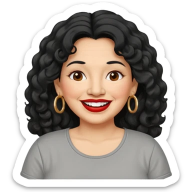 60 yr old Mexican woman, slightly chubby, wavy/curly long black hair, red lipstick, big smile, white teeth, brown eyes, hoop earings, side part to hair, round face, grey t shirt, hair side swept, big hoop earing sticker