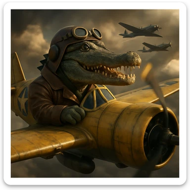 Make this crocodile piloting a bomber plane realistic with detailed crocodile and plane, lifelike textures, photorealistic style, and dramatic lighting. sticker