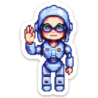 shoulders-up portrait of a cute female recruiter robot, 8-bit pixel art style, metallic, talking, one hand in the air, with glasses sticker