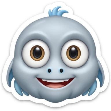 No head..it has 1 eye....stands upright ...wears clothing. is light grey and light blue..looks happy and cuddly... doesnt have a full head.... there is a appendage coming out of top of body with a single large eye sticker