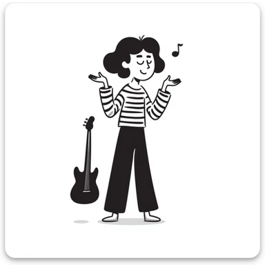 A musician smiling and shrugging shoulders with a carefree attitude, happy and unbothered expression, suggesting "it's up to you if you continue like this, I'm happy" sticker