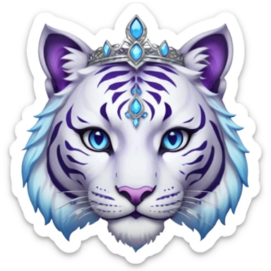 ESO Female white/black tiger khajiit leader of the umbral rose, glowing blue eyes, glowing blue 'third eye' gem; beautiful purple gemmed silver tiara sticker