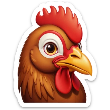 Cinematic Cute Brown Rooster Portrait Emoji, Head tilted playfully and inquisitively, featuring a glossy, immaculate brown plumage with a vibrant red comb, round, sparkling warm eyes filled with curiosity, Simplified yet irresistibly adorable features, highly detailed, glowing with a warm, friendly glow, high shine, affectionate and spirited, stylized with a touch of farmyard whimsy, bright and endearing, soft glowing outline, capturing the essence of a mischievous yet loving rooster, so playful it feels like it could strut out of the screen and into your arms! sticker