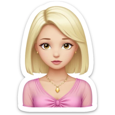 Girl with a platinum-blonde beauty with sleek, waist-length hair, flawless skin, fluttery lashes, and pouty lips-dressed in a sheer pink ruched top that ties in the center, glowing softly under the car lights with a dainty gold necklace completing her dreamy, doll-like look. sticker