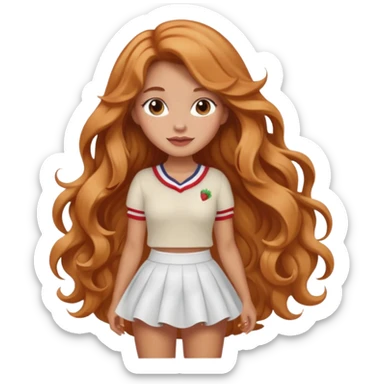white latina girl with strawberry blonde super long wavy hair, white skirt, blushed cheeks sticker