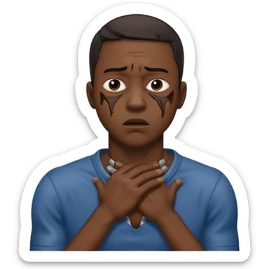 make a photo of a black man who is choking himself with his hands but his hands are on the front of his neck sticker