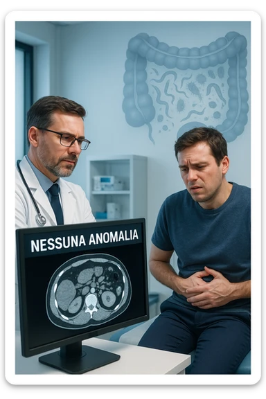 Medico in camice bianco in uno studio moderno, mentre osserva una TAC o ecografia su uno schermo con espressione convinta. Accanto a lui, un paziente seduto che lamenta dolori intestinali. Sullo sfondo, un’immagine traslucida dell’intestino pieno di piccoli parassiti stilizzati (vermi, protozoi), non visibili nel monitor medico. Il monitor mostra 'nessuna anomalia', ma dietro c’è la realtà invisibile. Atmosfera clinica ma con contrasto simbolico tra 'ciò che si vede' e 'ciò che sfugge'. Colori freddi, luce ospedaliera in italiano sticker