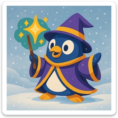 Add a snowy background behind the cartoon penguin wizard casting a spell, keeping the sparkles and magical aura visible and vibrant. sticker