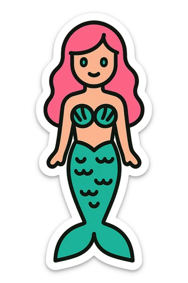 full length mermaid with pink hair, blue eyes, turquoise green tail, minimal detail, lineal color icon style sticker