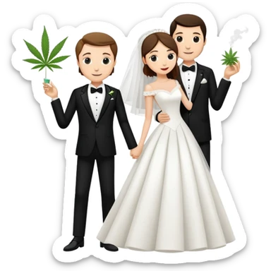 A bride in white wedding dress and groom in tuxedo, full body, sharing cannabis, wedding couple, different pose sticker