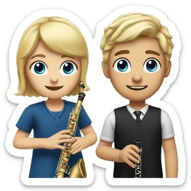 A boy with shorter blonde hair and blue eyes and a girl with black shoulder length hair both playing the clarinet sticker