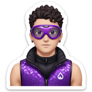 close-up of male athlete with white skin and moderately curly dark brown hair on top with shaved sides, wearing ski goggles with purple frames and very dark black lenses, a simple plain black chain necklace, and a completely unzipped sleeveless vest with purple and black sequin fire pattern design with no logo, frame centered on face and upper chest sticker