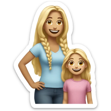 An emoji of a blonde mother with very long hair and a cheerful expression, standing next to her 3-year-old daughter, a small girl with black hair styled in two braids, both smiling happily together sticker