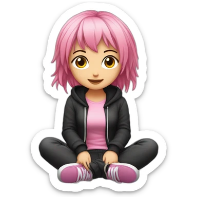 full body Front view curvy emo girl pink hair sits on the floor straight view hands up черная юбка белые трусики рваные полосатые чулки sticker