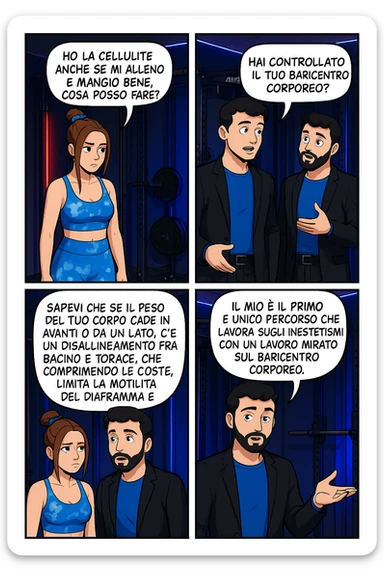 TRASFORMA QUESTO CAROSELLO IN UN FUMETTO CON QUESTE DUE PERSONE IDENTICHE CHE INTERLOQUISCONO TRA LORO:

LEI: Ho la cellulite anche se mi alleno e mangio bene, cosa posso fare?

LUI: Hai controllato il tuo baricentro corporeo?
Sapevi che se il peso del tuo corpo cade in avanti o da un lato, c’è un disallineamento fra bacino e torace, che comprimendo le coste, limita la motilità del diaframma e l’ossigenazione dei tessuti?
Il mio è il primo e unico percorso che lavora sugli inestetismi con un lavoro mirato sul baricentro corporeo. sticker