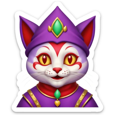 crazy colorful cute little cat jolly joker from poker, medieval, vintage, court jester, mac os icon, purple and red color, half body sticker