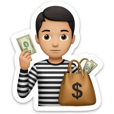 emoji style thief in black and white striped shirt, clutching a bag with a dollar sign sticker