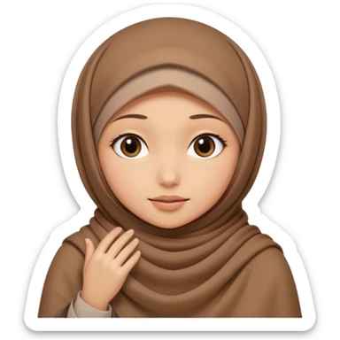 Hijabi girl sitting.     head covered
hands pulling the fabric in
shy-but-dramatic energy
“no cameras pls” but in a cute way
soft + mysterious vibe sticker