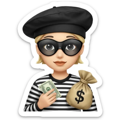 Emoji Ladron Un Antifaz En Los Ojos Con Un Gorro Negro,Ropa De Rayas Blancas Y Negras Y Una Bolsa De Dinero Con El Símbolo sticker