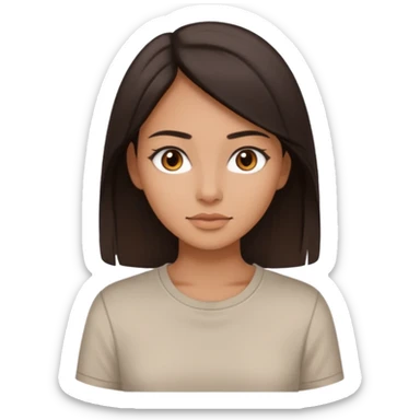 Koyu saçlı, genç bir kadın. Ten rengi buğday. Gözleri kahverengi. Saçları düz (veya kıvırcık) ve orta uzunlukta. Soft makyajlı, sade stil. sticker