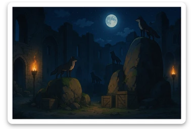 midnight within the ruins of abandoned castle yard, protrude boulders with climbing wolves, amid iron torches and crates tucked behind sticker