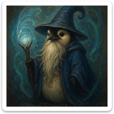 a penguin wizard with a long beard, magical staff, and mystical aura, in a fantasy-inspired style sticker