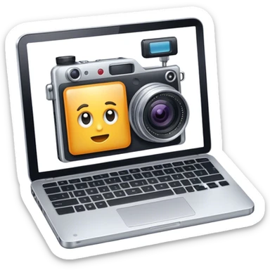 Create an emoji representing blogging. The design should feature an open laptop with a visible blog post on the screen, showing text. Add a photo or video camera to emphasize multimedia content. Do not include any emojis or smiley faces. Make the background transparent. sticker