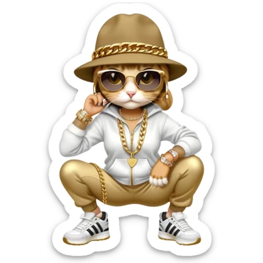 female cat wearing Run DMC hip-hop outfit with tracksuit, fedora, Adidas sneakers, dark sunglasses, many gold chains, rings, bracelets, flashy earrings, upright pose sticker