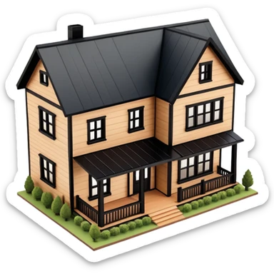 brown wooden modern farmhouse with black trim exterior, isometric dollhouse-style, highly detailed  sticker