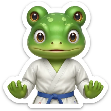 cute frog doing karate portrait, head and shoulders only, wearing white gi uniform, green belt visible, funny serious face, 3D cartoon, mobile game icon style, clean background, no text, no watermark
 sticker