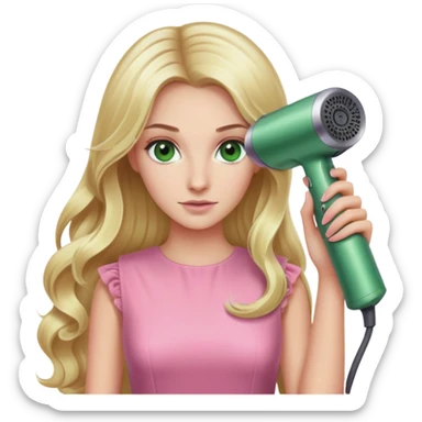 blonde woman, long hair, swamp green eyes, pink dress, Dyson hair dryer in hand sticker