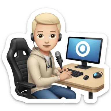 a setup of a youtuber, with a desktop pc on a table, a gaming chair, microphone, ring light sticker