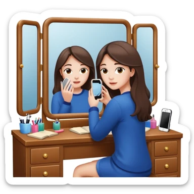 Girl sitting at vanity taking out picture with iphone 15 plus in the mirror and study materials on the vanity sticker