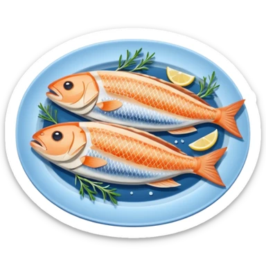 Fish dishes avatar in bright emoji-style illustration. Grilled fish, fillets, and seafood, blue and silver tones, simple shapes, flat design, fresh and flavorful. sticker