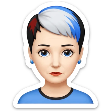 reife frau, kein kind freche extreme schwarze Kurzhaarfrisur eine Seite wirklich fast keine Haare andere Seite mit blauer Strähne kurze Seite noch viel kürzer sticker