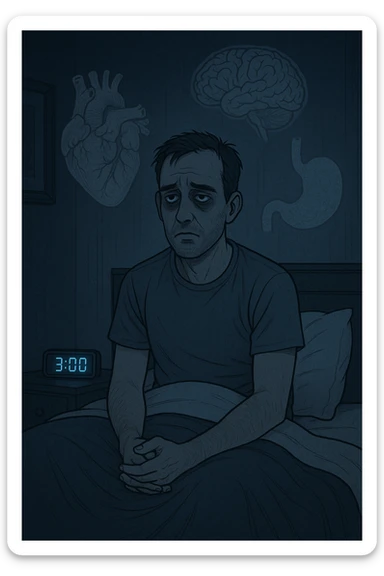 a man sits awake in bed in the middle of the night, dark circles under his eyes and a tired, anxious expression. The room is dimly lit by the blue glow of a phone or digital clock showing 3:00 AM. Around him, faint ghostly overlays of anatomical drawings highlight affected organs—heart, brain, and stomach—symbolizing the physical harm caused by disrupted sleep. sticker