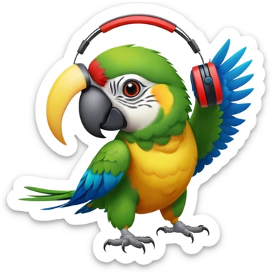 A parrot with its eyes turned upside down with a headset that dances in rhythm as if it were crazy sticker