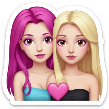gorgeous long lashes pale girl with long magenta hair latina makeup next to a gorgeous blonde girl with blonde hair brown eyes and a light pink heart above them both wearing tube tops sticker