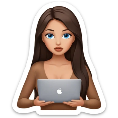 Glamours tanned very beautiful girl with big pump peach lips and dark chocolate straight smooth long hair, blue eyes in brown/beige bodysuit with MacBook sticker